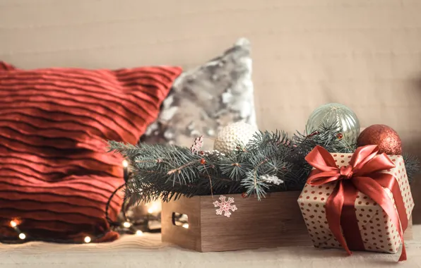 Balls, snowflakes, branches, lights, room, sofa, box, gift
