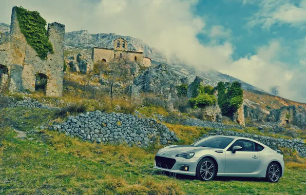 Car, machine, auto, landscape, stones, wall, the ruins, subaru