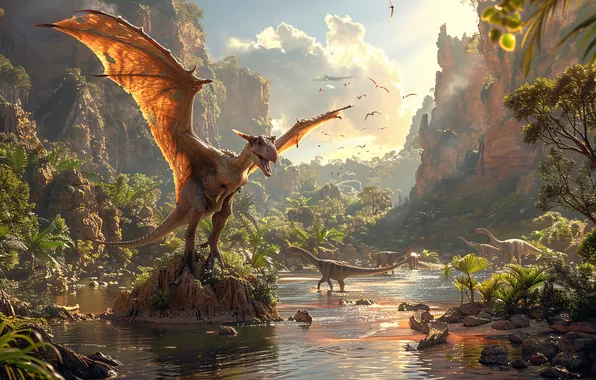Mountains, Trees, River, Wings, Dinosaur, Animal, Digital art, Ancient animals