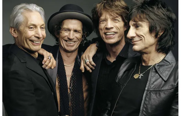 Picture joy, smile, grey, background, group, The Rolling Stones, Mick Jagger, Keith Richards
