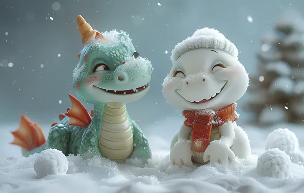 Winter, white, look, snow, pose, green, smile, dragon