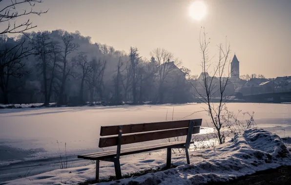 Picture winter, snow, the city, bench