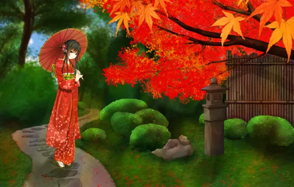 Picture look, girl, foliage, umbrella, blush, maple, kimono, path