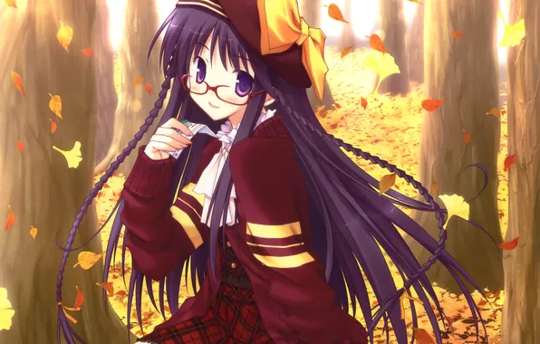 Picture autumn, leaves, girl, trees, anime, art, glasses, bow