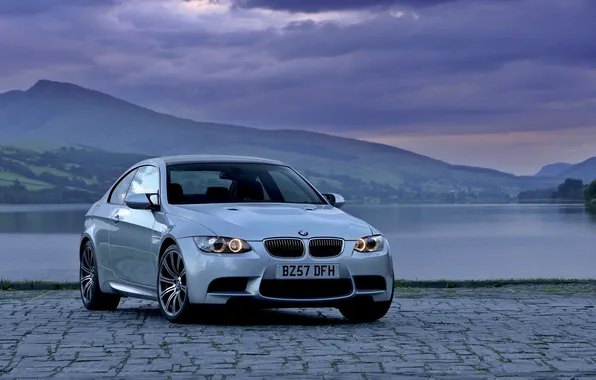 Picture The evening, Auto, Lake, BMW, Grey, BMW, Pavers, The front