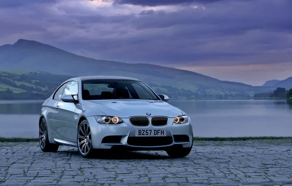 Auto, lake, grey, BMW, the evening, pavers, BMW, the front