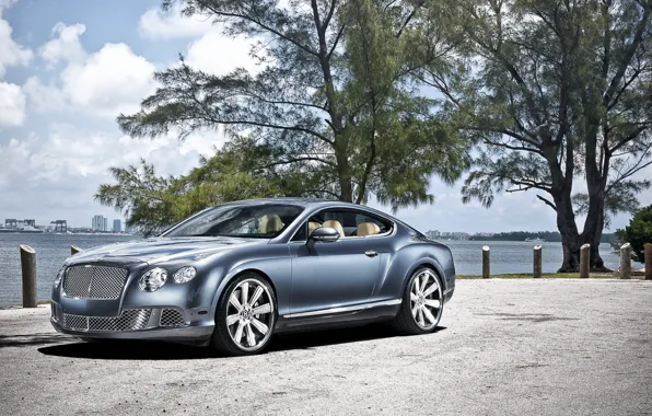 Picture the sky, trees, shore, coupe, Bentley, Continental, Continental, Bentley