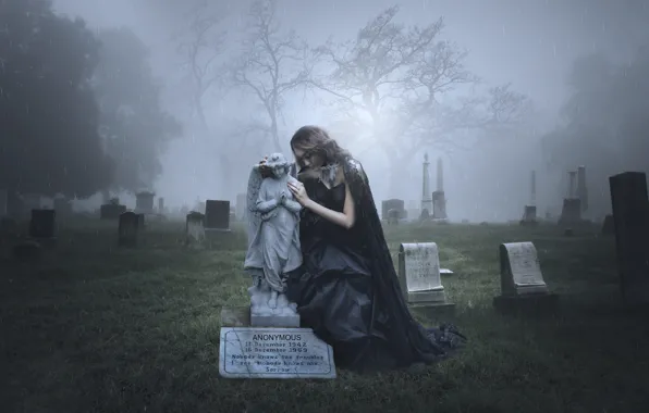 Picture girl, rain, angel, cemetery, headstone, mourning