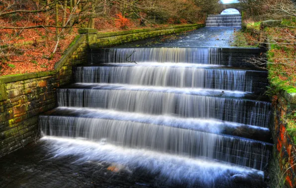 Autumn, England, waterfall, ladder, park, England, valley, Waterfalls