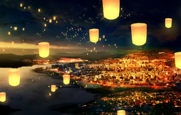 Water, the city, lanterns
