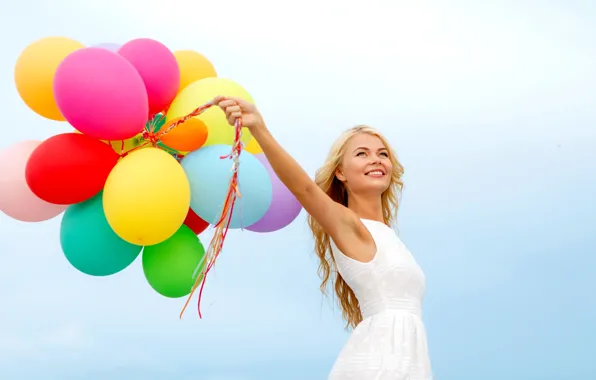Picture girl, balls, joy, happiness, balloons, colorful, happy, sky
