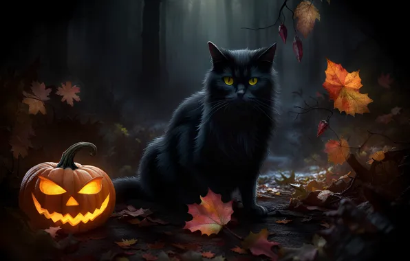 Autumn, forest, cat, cat, look, light, night, nature