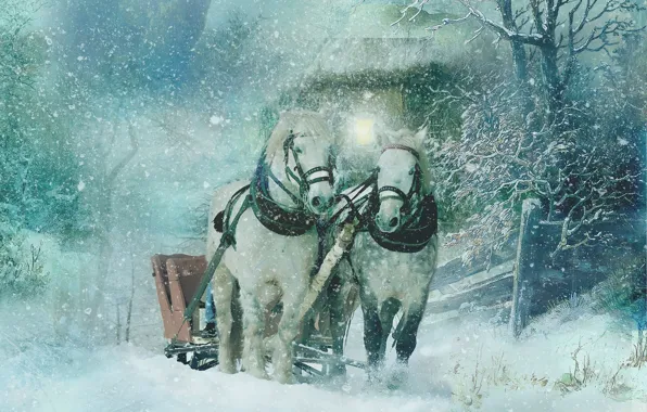 Winter, snow, horses, texture, horse, art, sleigh