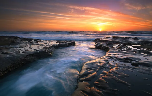 Picture sea, the sun, sunset, coast, surf, rocky shore