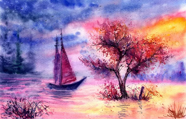 Grass, clouds, birds, river, tree, sailboat, the evening, watercolor
