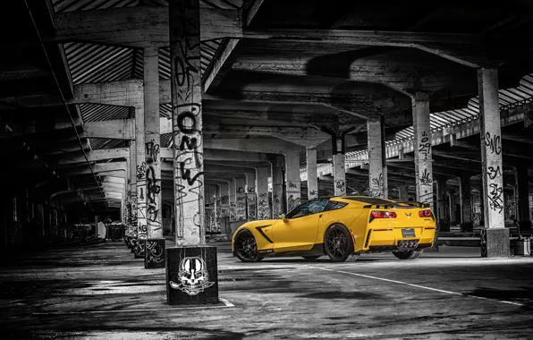 Picture yellow, background, tuning, Corvette, Chevrolet, Chevrolet, rear view, tuning