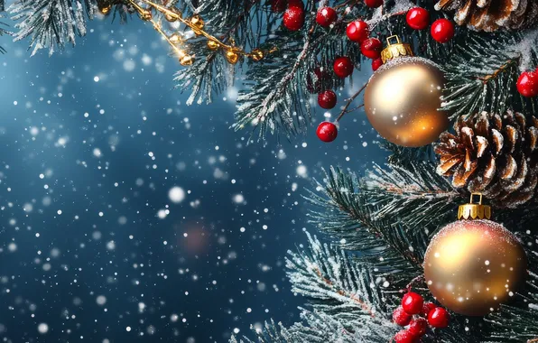 Frost, balls, branches, berries, Christmas, red, New year, gold plated