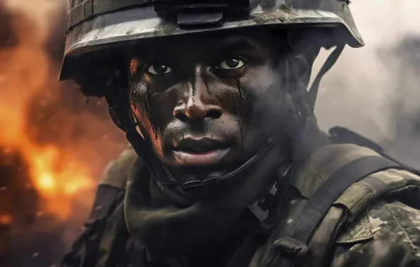 Look, Soldiers, Male, Digital art, Negro, Helmet, Closeup, AI art