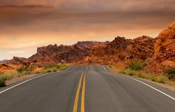 Road, the sky, clouds, stones, desert, highway, USA, Nevada