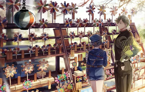 Picture military uniform, two guys, the counter, pauldron, pinwheel on a stick, Touken Ranbu, Hotarumaru, Uguisumaru