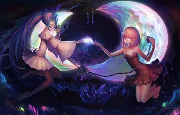 Night, music, girls, a month, anime, art, chain, Vocaloid