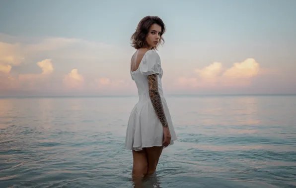 Picture sea, beach, look, girl, model, dress, tattoo, beautiful