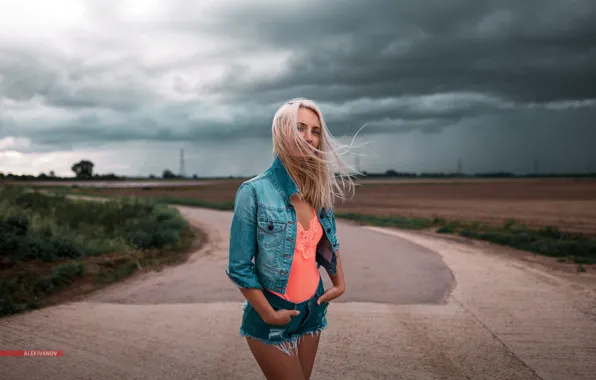 Field, the sky, look, landscape, clouds, pose, overcast, model