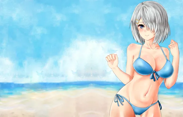 Picture girl, sexy, beach, sea, boobs, anime, beautiful, short hair