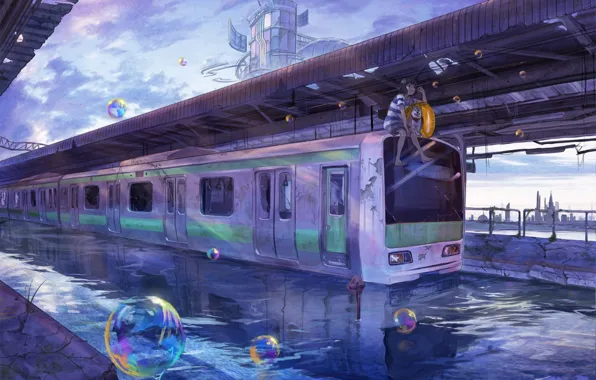 The sky, water, girl, the city, bubbles, building, train, dog