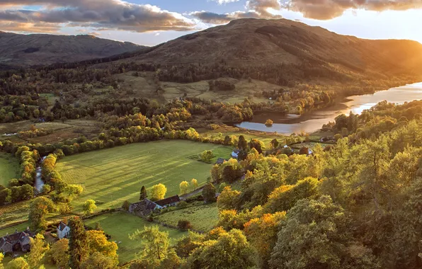 Picture the sun, clouds, trees, mountains, river, field, Scotland, houses