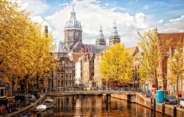 Autumn, the sky, clouds, trees, bridge, the city, river, transport