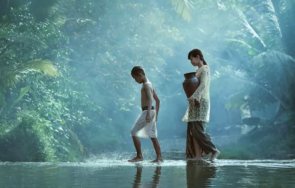 Water, children, river, stream, boy, village, jungle, girl