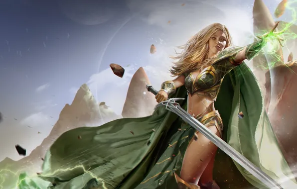Picture girl, lightning, sword, warrior