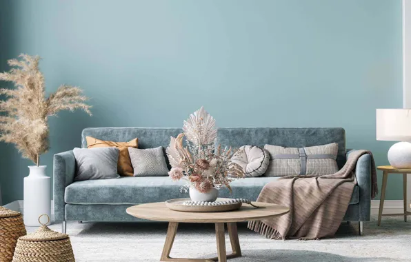 Design, style, plant, lamp, interior, sofa, living room, shades of blue