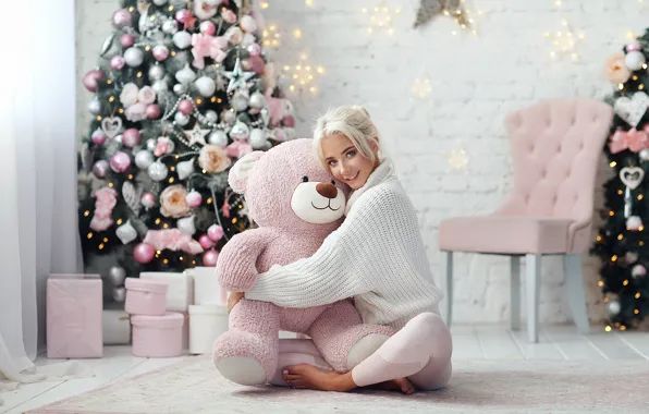 Girl, smile, mood, bear, New year, tree, sweater, Teddy bear