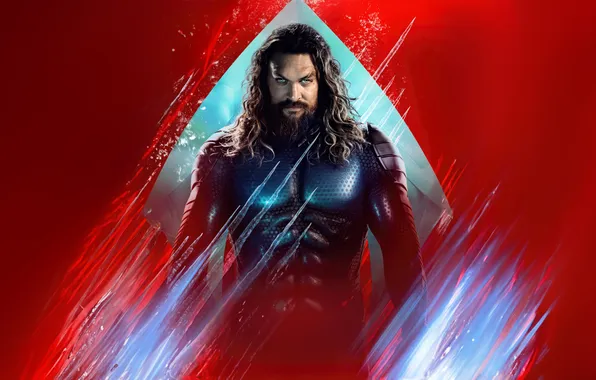 Costume, poster, red background, superhero, comic, DC Comics, Jason Momoa, Jason Momoa