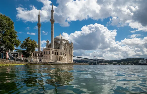 Picture clouds, bridge, Strait, mosque, Istanbul, Turkey, Istanbul, Turkey