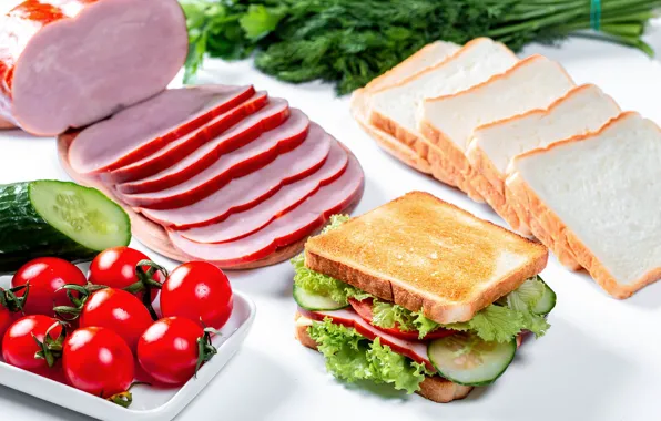 Bread, sandwich, tomatoes, toast, ham