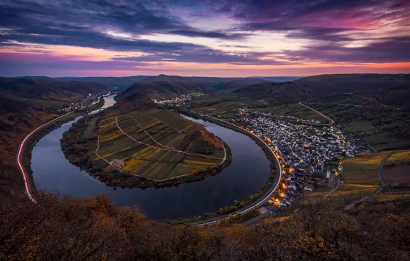 Road, autumn, the sky, clouds, lights, river, the evening, excerpt