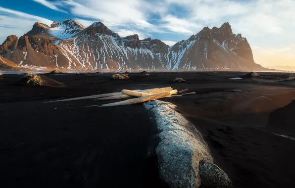 Mountains, shore, Vestrahorn