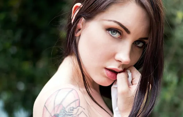 Girl, blue eyes, model, tattoo, brunette, portrait, closeup, finger on lips