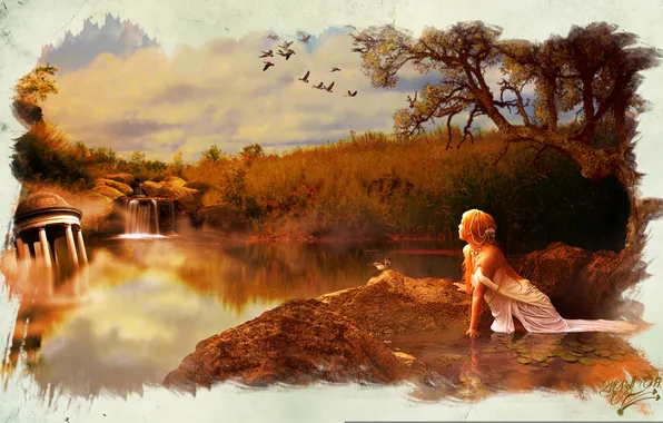 Picture the wreckage, girl, birds, lake, tree, art, water lilies