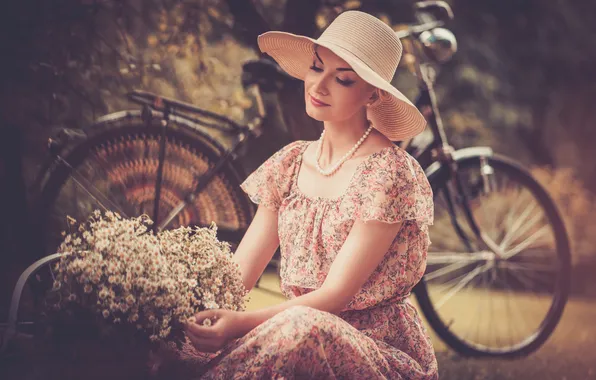 Picture girl, flowers, bike, retro, beads, hat