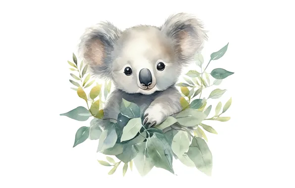 Leaves, watercolor, white background, painting, cub, Milota, Koala, imitation of watercolor