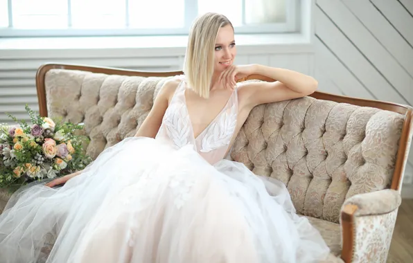 Look, girl, light, flowers, pose, smile, room, sofa