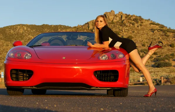 Look, girl, mountain, Girls, Ferrari, red car