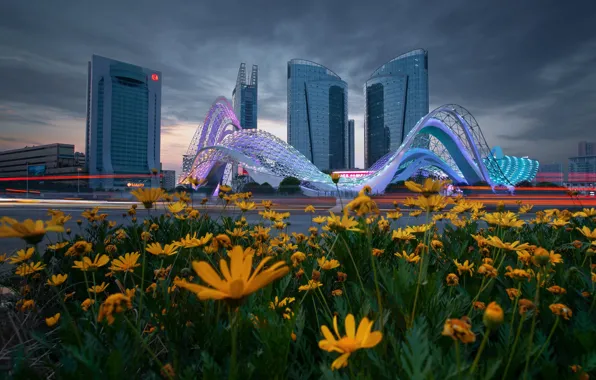 Flowers, the city, building, home, yellow, Asia, Singapore, architecture