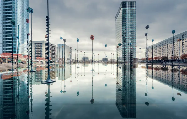 The sky, water, clouds, the city, reflection, overcast, street, posts