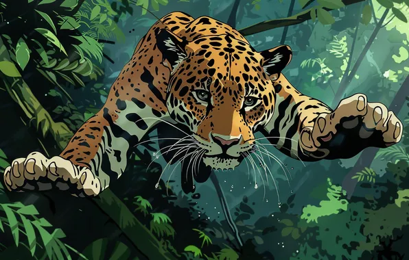 Look, Leaves, Jump, Jaguar, Face, Predator, Jungle, Front