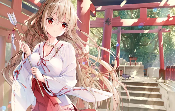 Japan, ladder, girl, arrow, priestess, red eyes, long hair, Sunny day